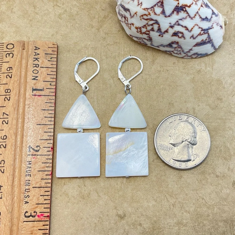 Mod Mother of Pearl Earrings, Handmade, Triangles & Squares, Neutral